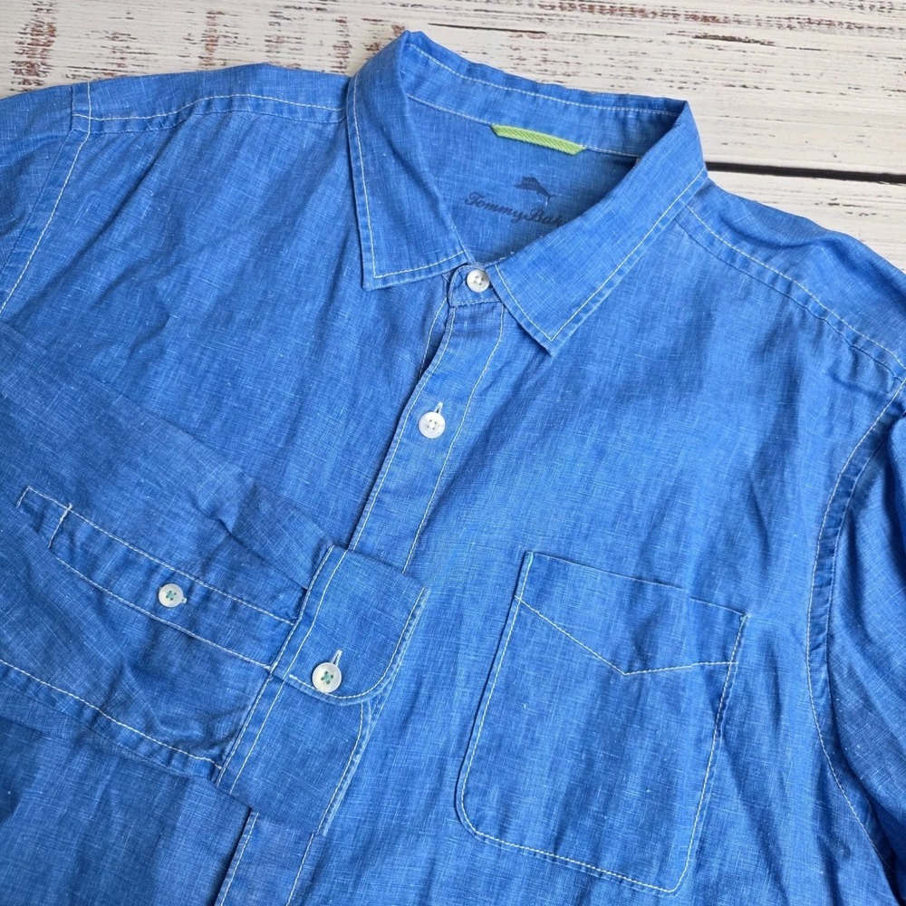 Tommy Bahama Long Sleeve Button Up Linen Shirt Mens 2XL‎ Bright Blue Vacation